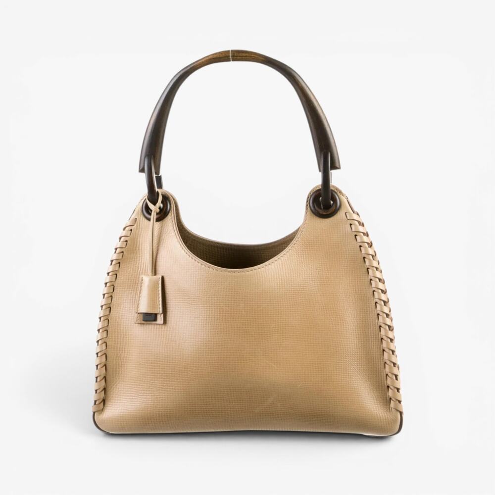 Y2k Gucci Bag Whipstitch Wood Handle Purse Beige Leather - Picture 2 of 12
